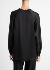 VINCE | Silk Satin Band-Collar Blouse in Long Sleeve - BLACK