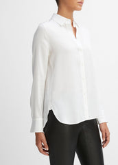 VINCE | Slim Fitted Stretch-Silk Blouse in Long Sleeve - OPTIC WHITE