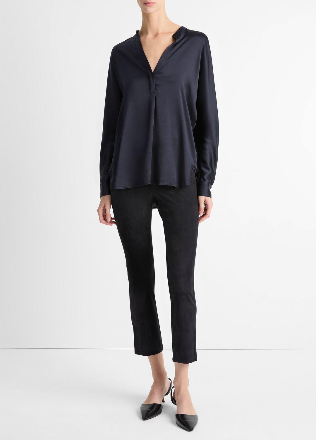 VINCE | Silk Satin Band-Collar Blouse in Long Sleeve - COASTAL BLUE