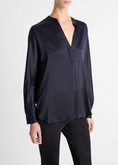 VINCE | Silk Satin Band-Collar Blouse in Long Sleeve - COASTAL BLUE
