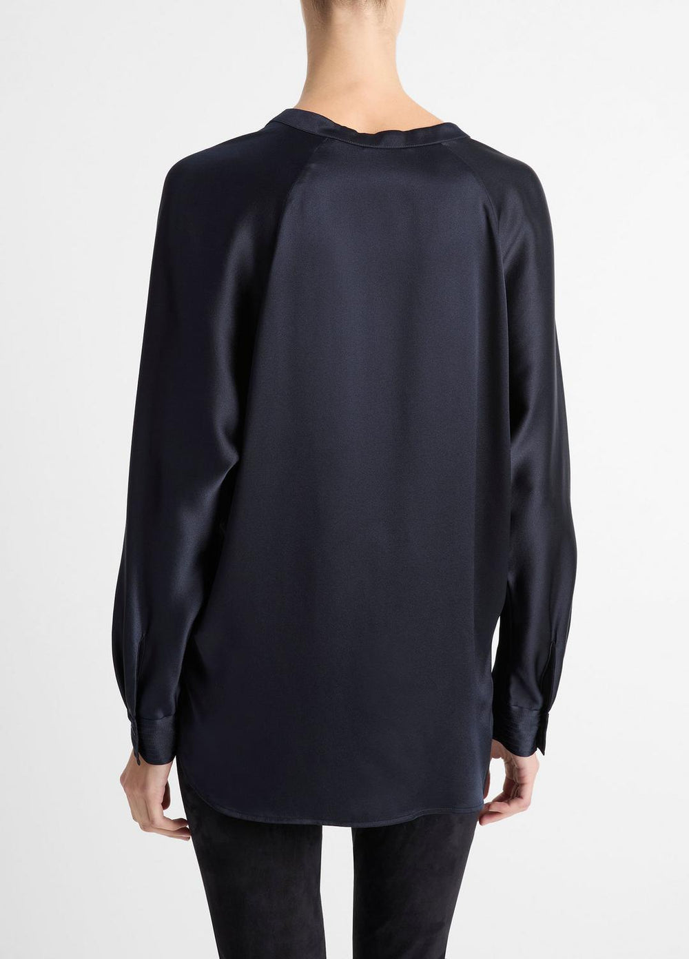 VINCE | Silk Satin Band-Collar Blouse in Long Sleeve - COASTAL BLUE