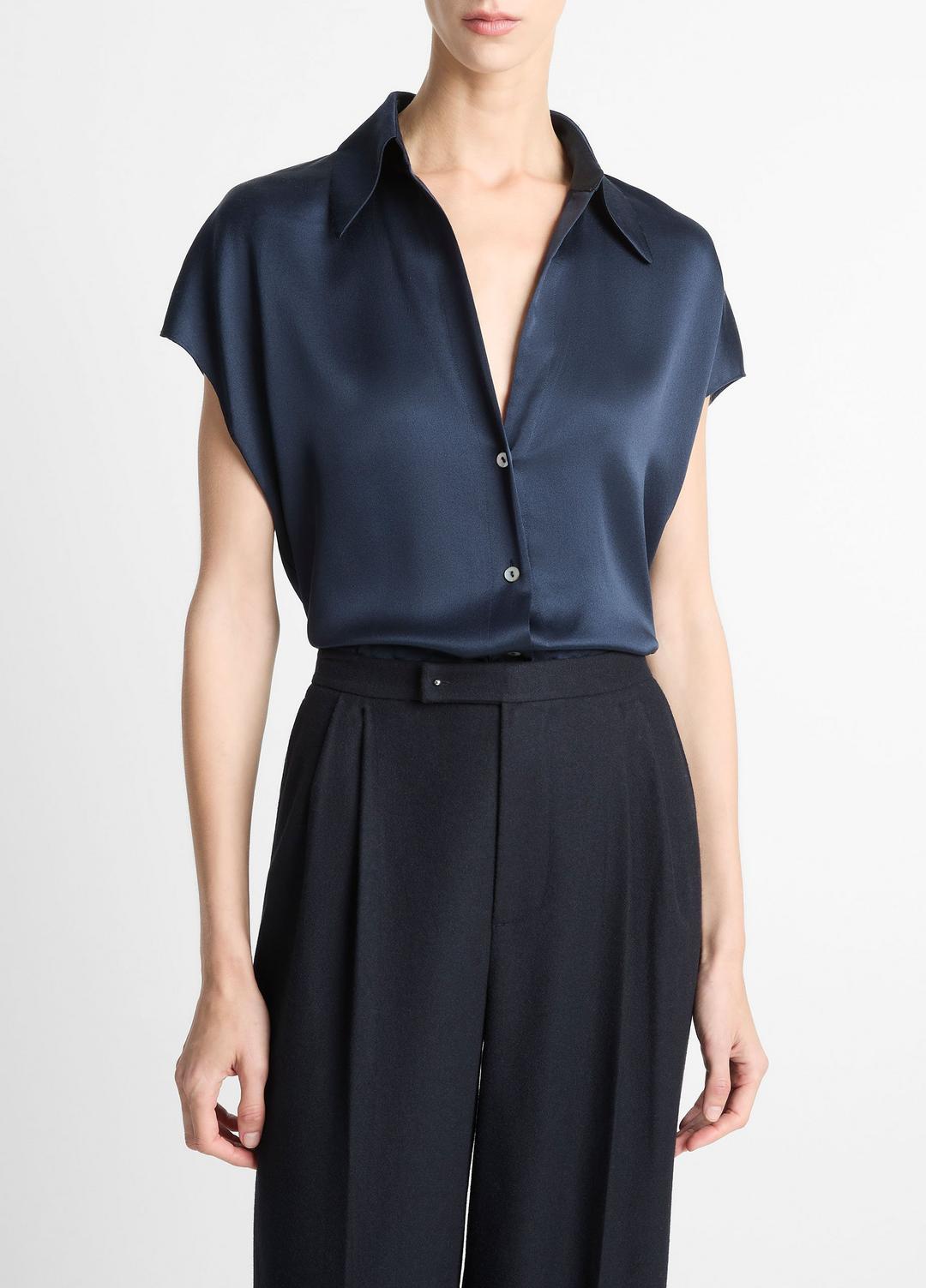 VINCE | Silk Cap-Sleeve Ruched-Back Blouse in Short Sleeve - COASTAL BLUE