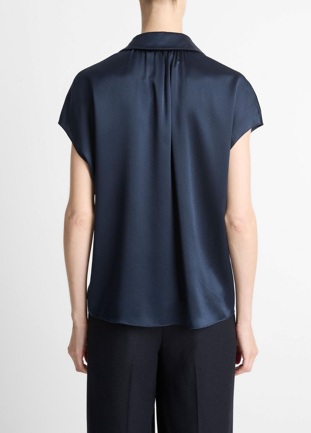 VINCE | Silk Cap-Sleeve Ruched-Back Blouse in Short Sleeve - COASTAL BLUE