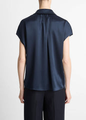 VINCE | Silk Cap-Sleeve Ruched-Back Blouse in Short Sleeve - COASTAL BLUE