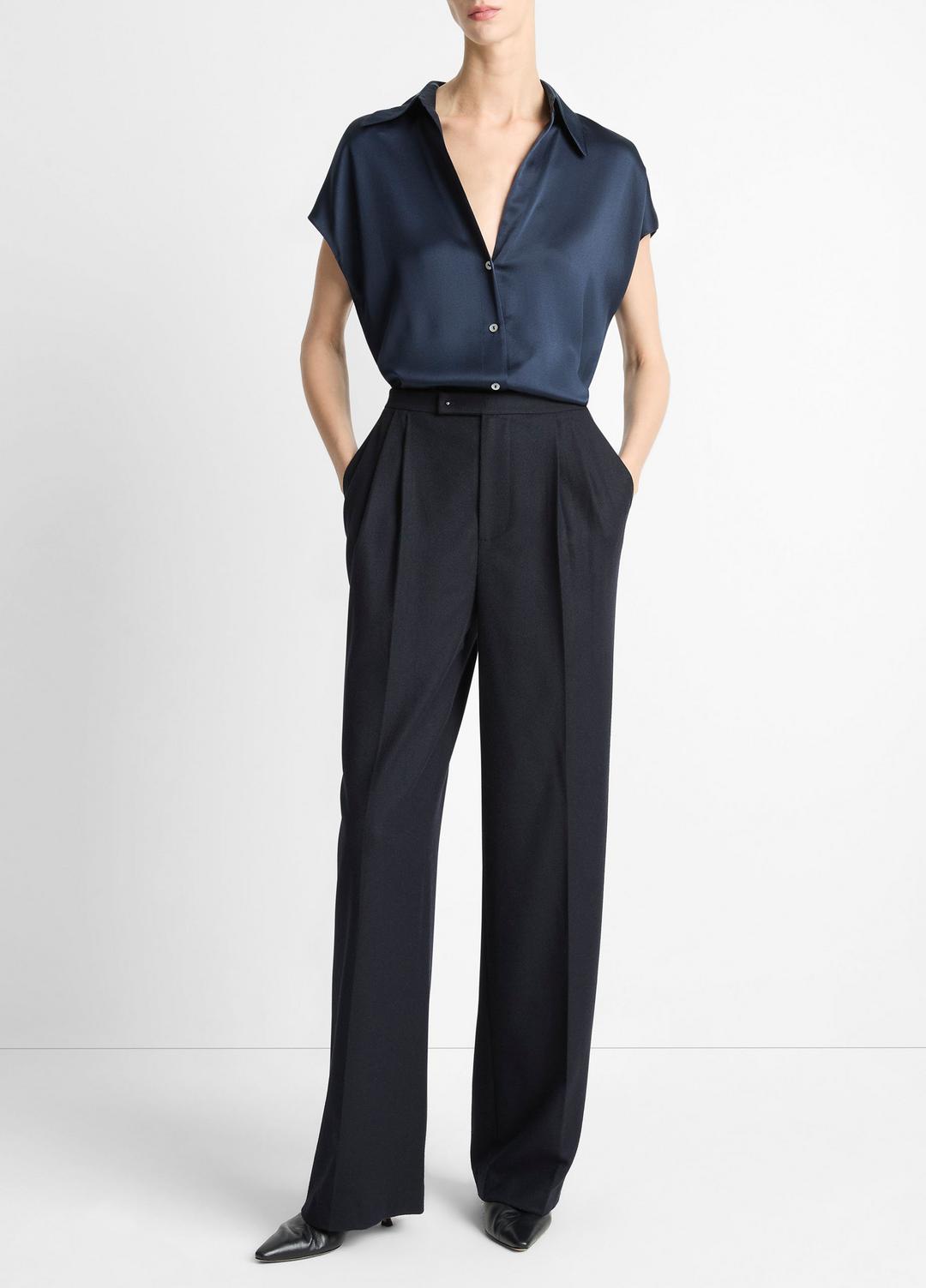 VINCE | Silk Cap-Sleeve Ruched-Back Blouse in Short Sleeve - COASTAL BLUE