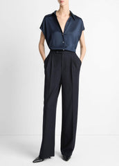 VINCE | Silk Cap-Sleeve Ruched-Back Blouse in Short Sleeve - COASTAL BLUE