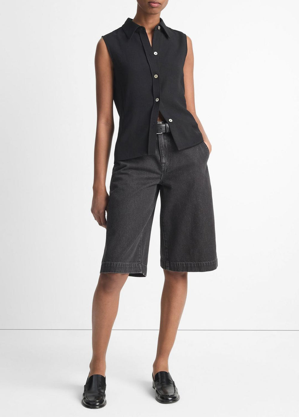 VINCE | Sleeveless Button-Front Shirt in Short Sleeve - BLACK