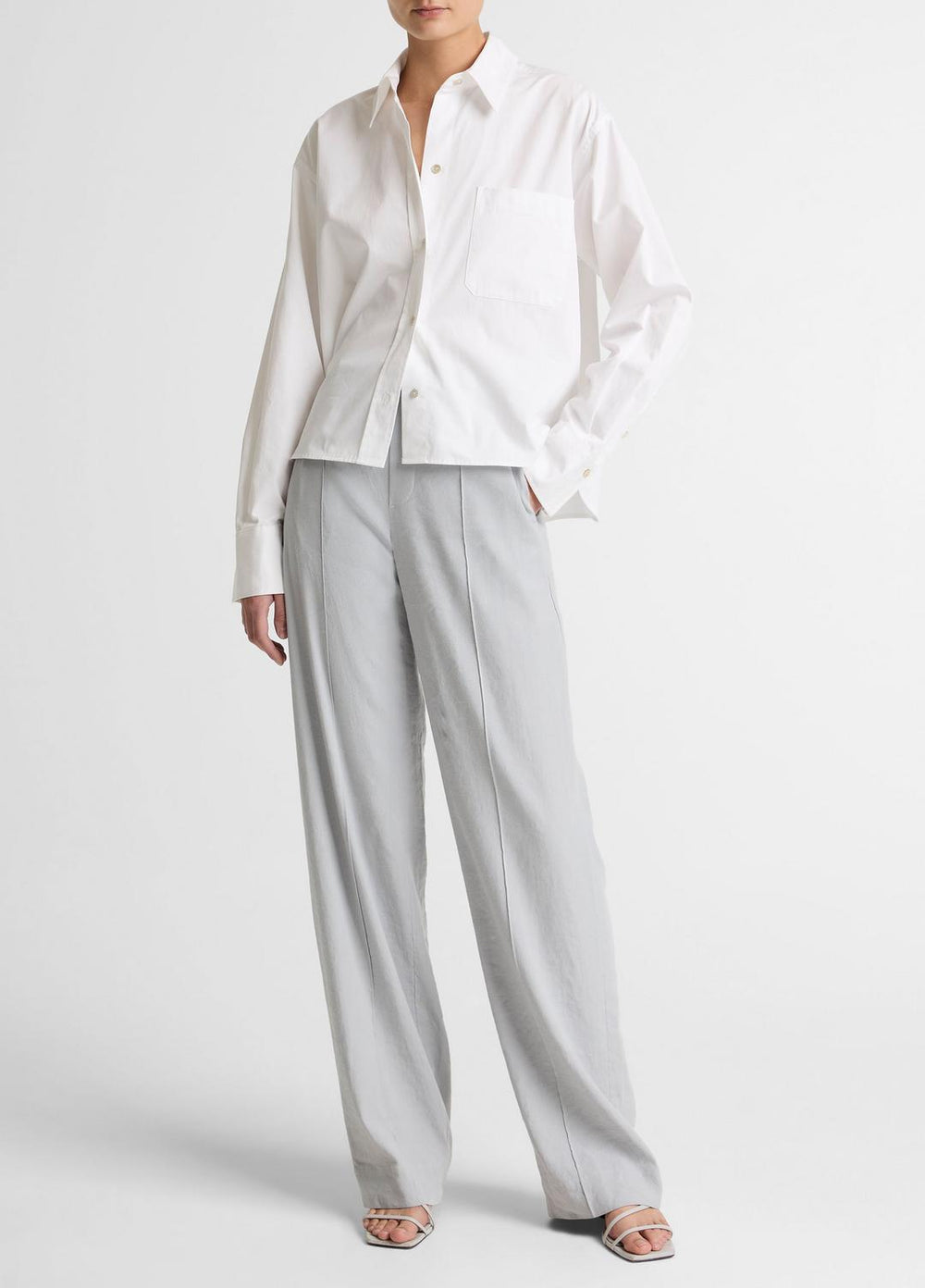 VINCE | Cotton Cropped Button-Front Shirt  in Long Sleeve - OPTIC WHITE