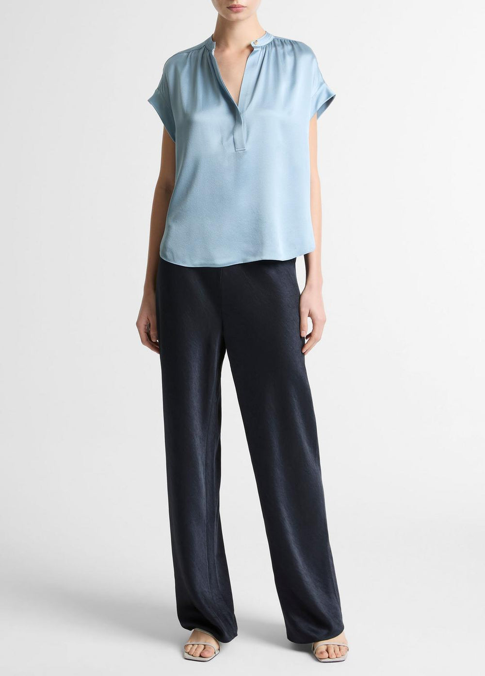 VINCE | Silk Gathered Cap-Sleeve Blouse in Short Sleeve - DEL MAR