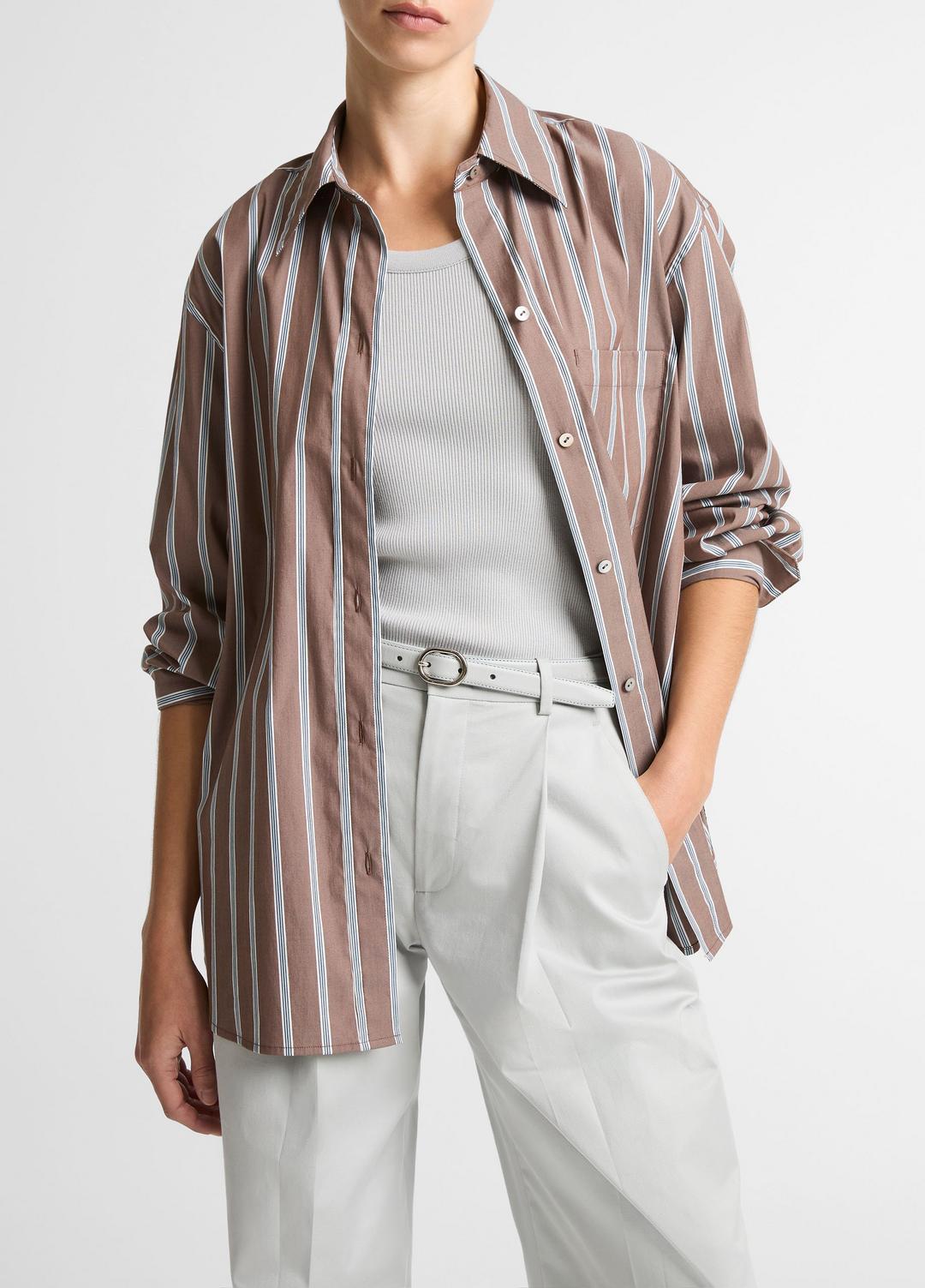 VINCE | Striped Cotton-Blend Button-Front Shirt in Long Sleeve - BROWN MULTI