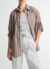 VINCE | Striped Cotton-Blend Button-Front Shirt in Long Sleeve - BROWN MULTI