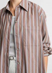 VINCE | Striped Cotton-Blend Button-Front Shirt in Long Sleeve - BROWN MULTI