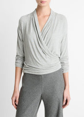 VINCE | Relaxed Fixed-Wrap Jersey Top in Long Sleeve - HEATHER PALE GREY