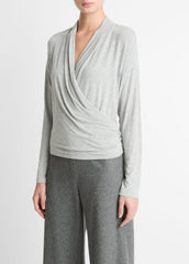 VINCE | Relaxed Fixed-Wrap Jersey Top in Long Sleeve - HEATHER PALE GREY