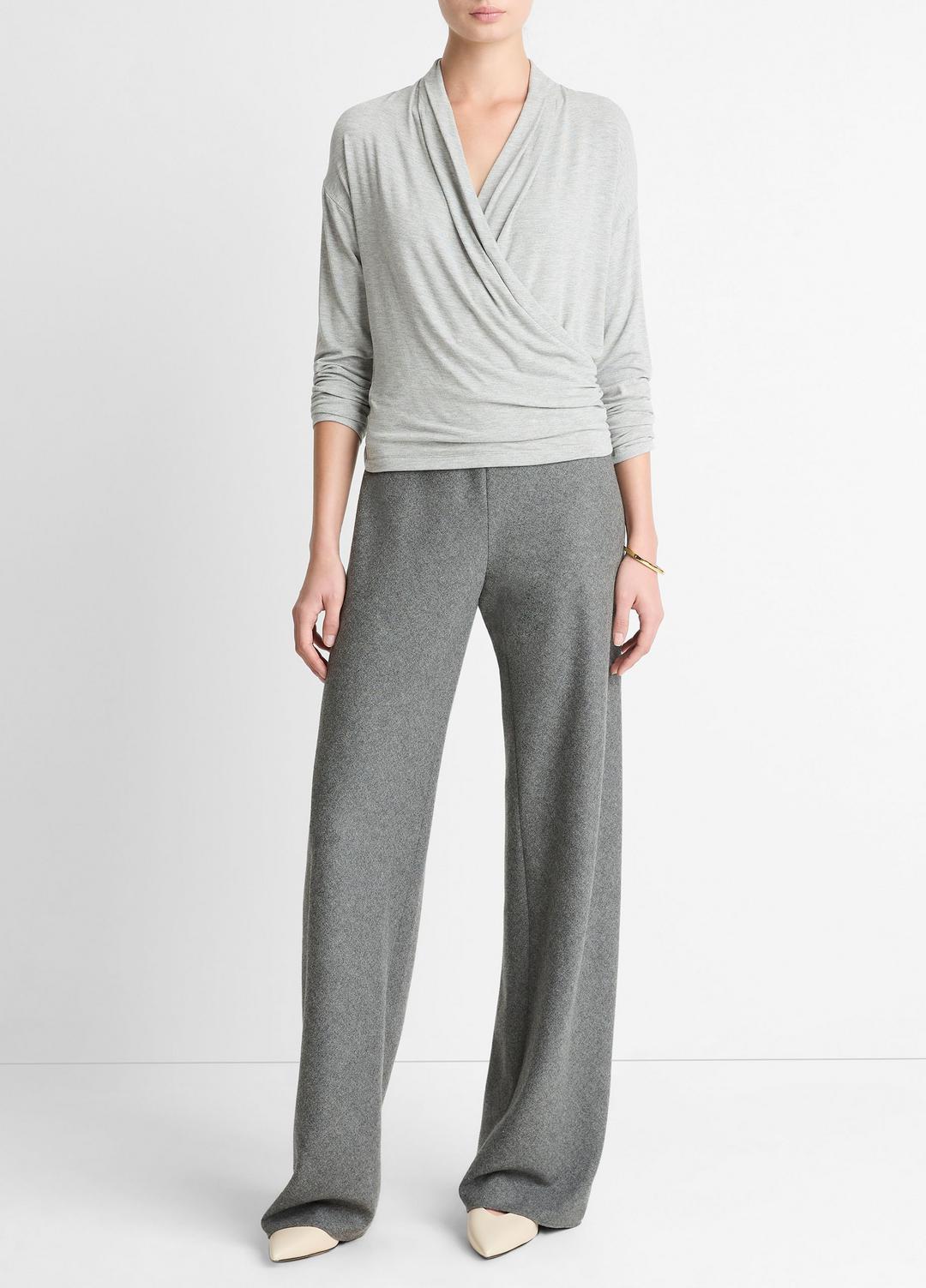 VINCE | Relaxed Fixed-Wrap Jersey Top in Long Sleeve - HEATHER PALE GREY