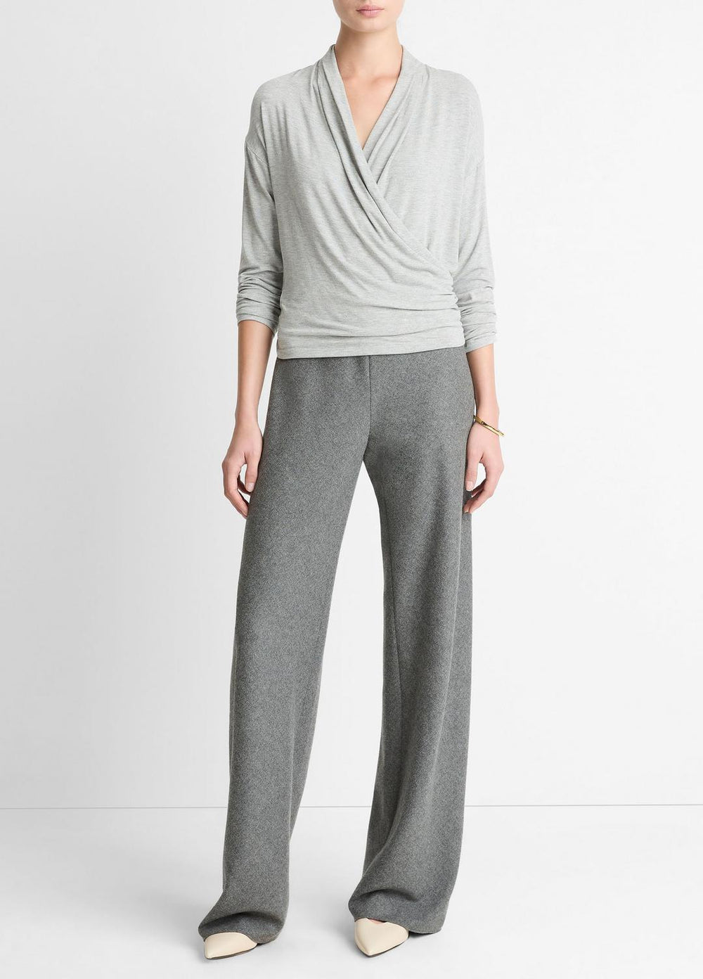 VINCE | Relaxed Fixed-Wrap Jersey Top in Long Sleeve - HEATHER PALE GREY