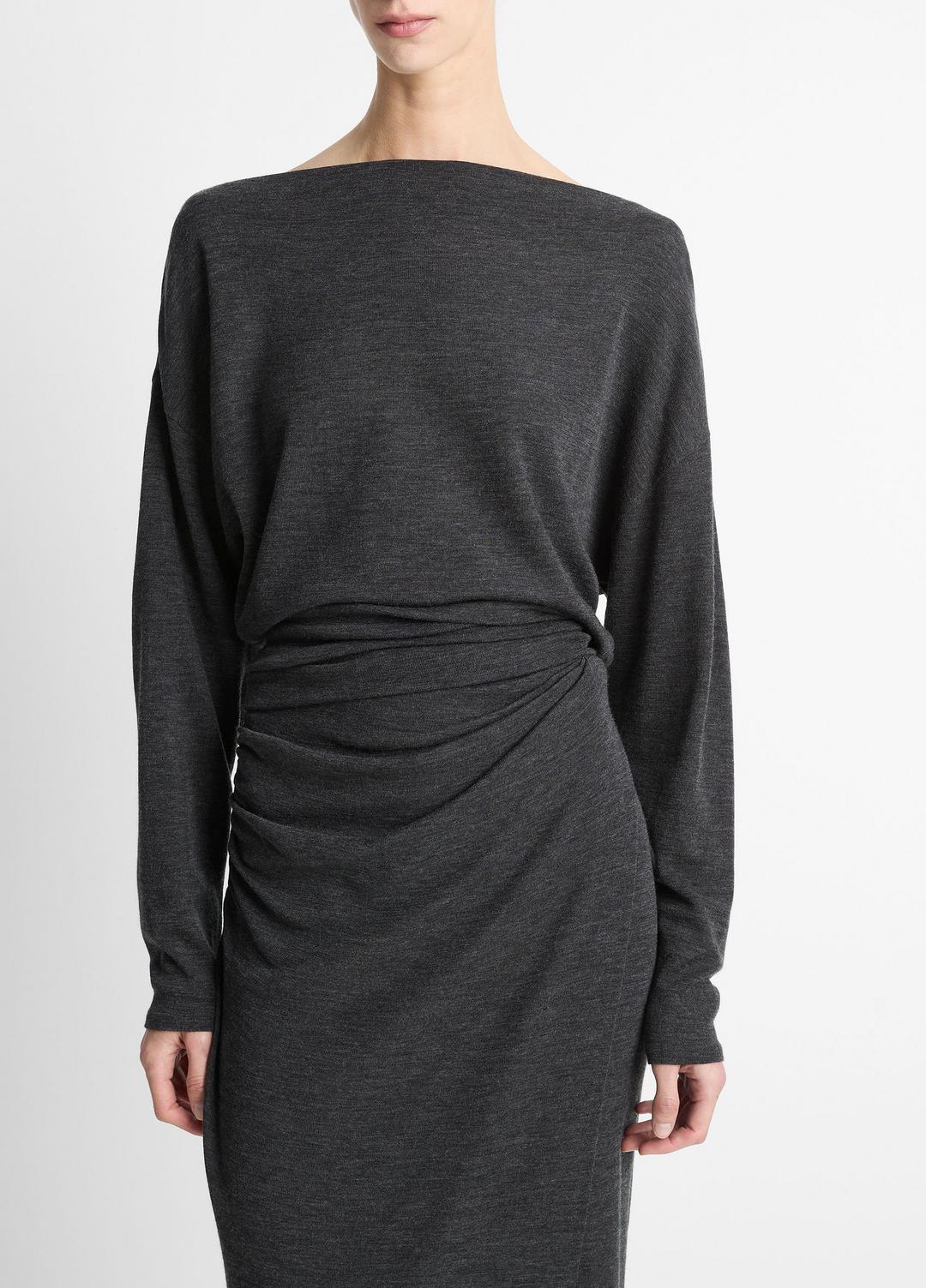 VINCE | Draped Wool-Blend Slash-Neck Top in Long Sleeve - DARK HEATHER GREY