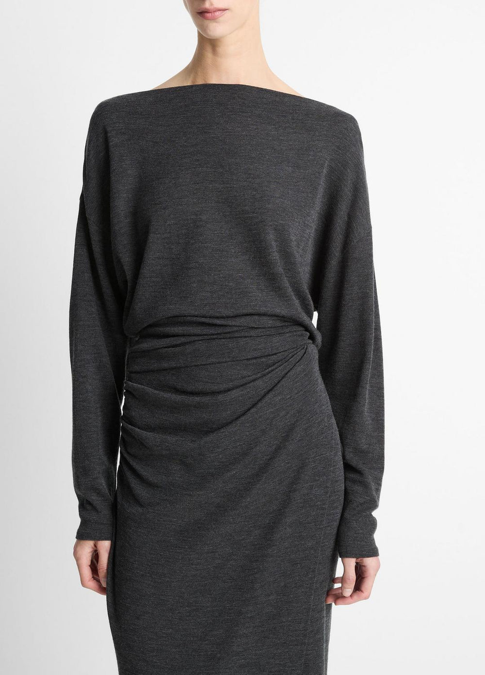 VINCE | Draped Wool-Blend Slash-Neck Top in Long Sleeve - DARK HEATHER GREY