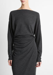 VINCE | Draped Wool-Blend Slash-Neck Top in Long Sleeve - DARK HEATHER GREY