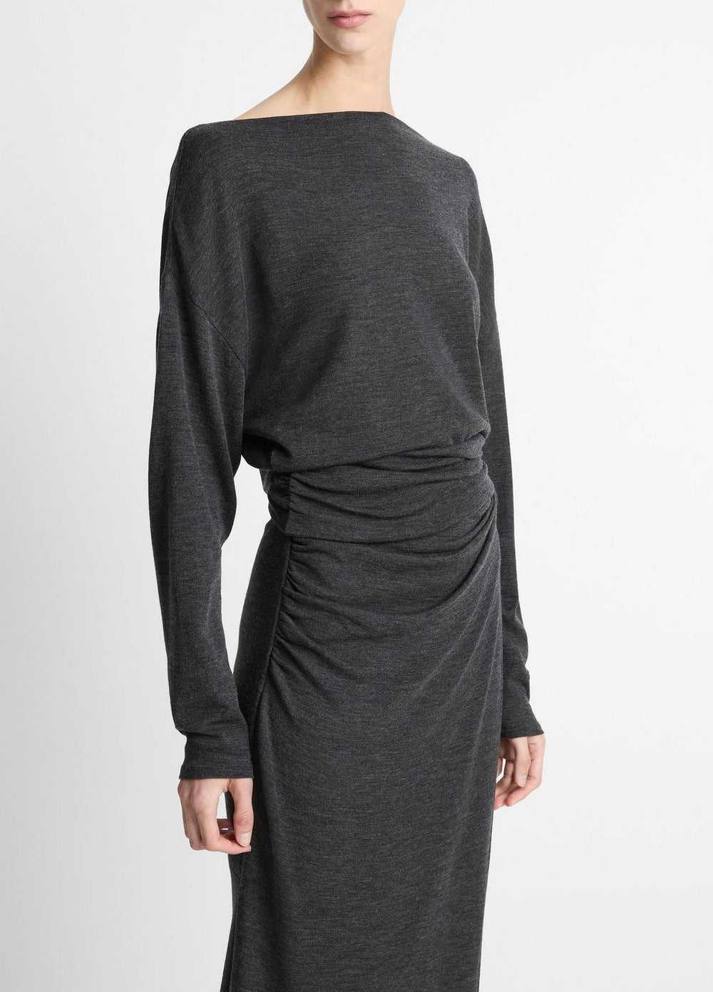 VINCE | Draped Wool-Blend Slash-Neck Top in Long Sleeve - DARK HEATHER GREY