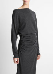 VINCE | Draped Wool-Blend Slash-Neck Top in Long Sleeve - DARK HEATHER GREY