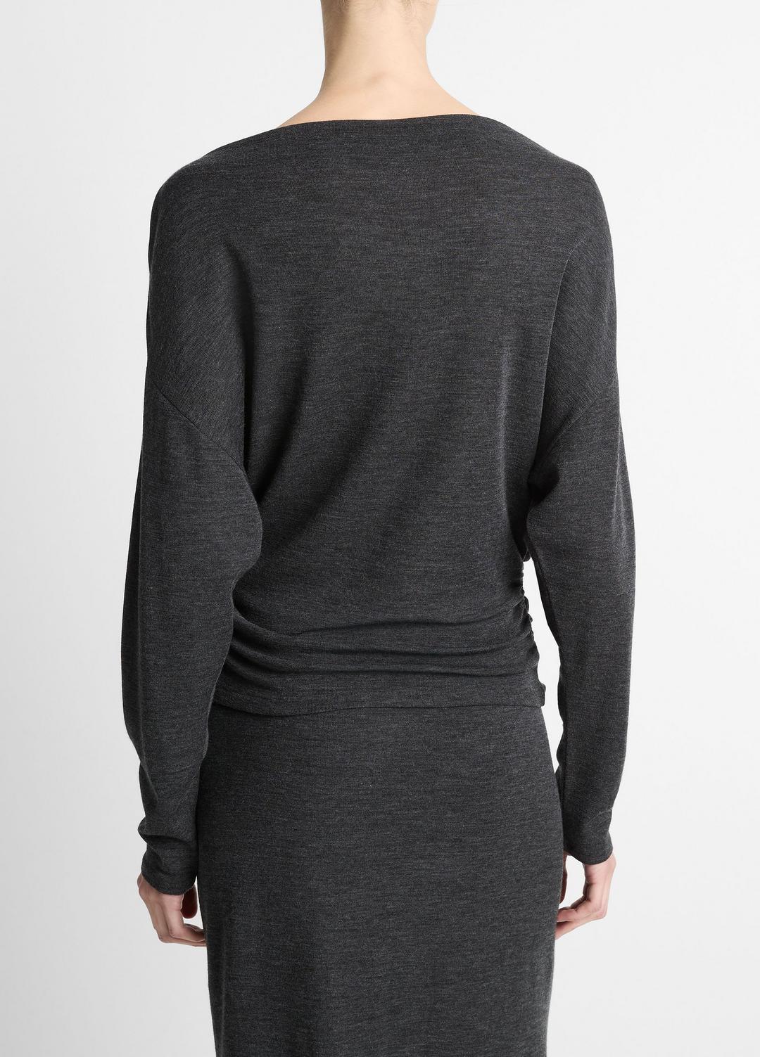 VINCE | Draped Wool-Blend Slash-Neck Top in Long Sleeve - DARK HEATHER GREY