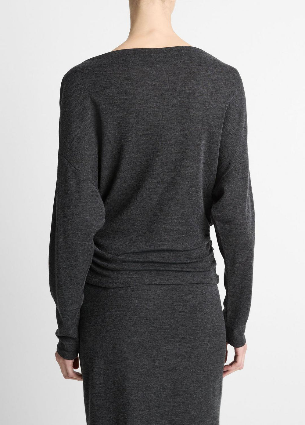 VINCE | Draped Wool-Blend Slash-Neck Top in Long Sleeve - DARK HEATHER GREY