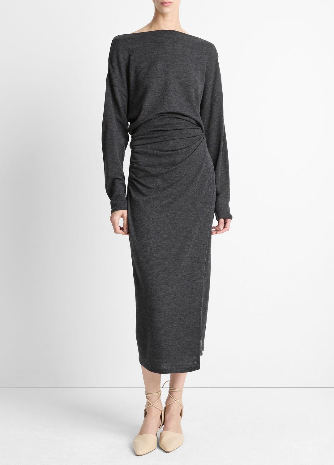 VINCE | Draped Wool-Blend Slash-Neck Top in Long Sleeve - DARK HEATHER GREY