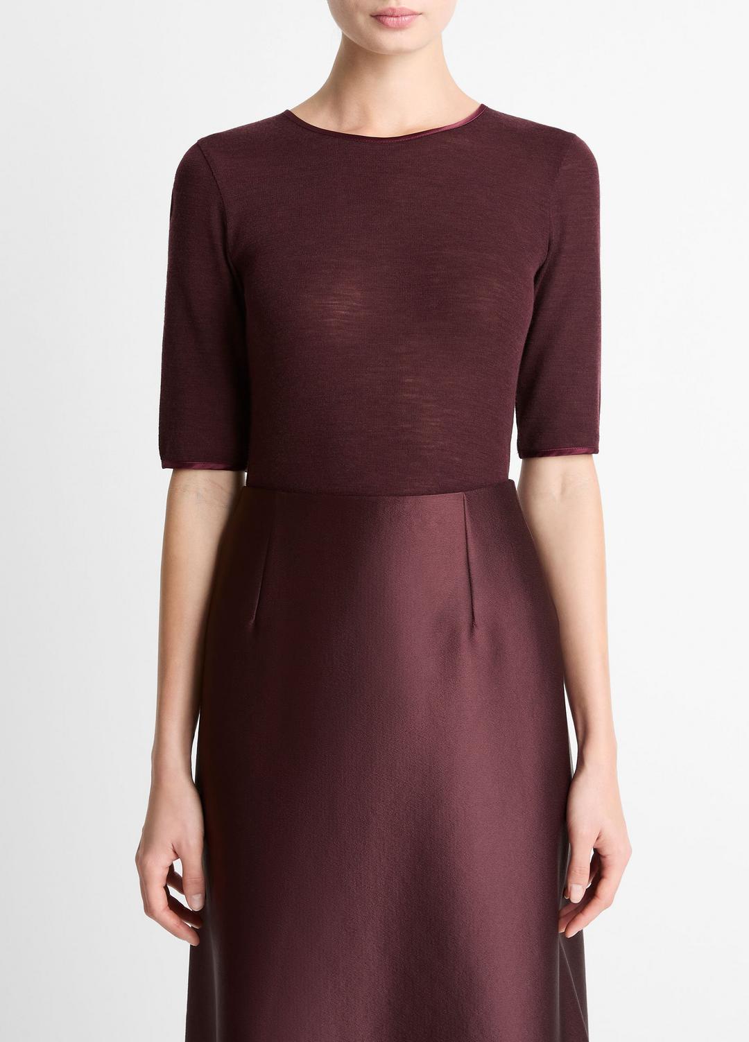 VINCE | Satin-Trim Wool Elbow-Sleeve T-Shirt in Short Sleeve - OXBLOOD
