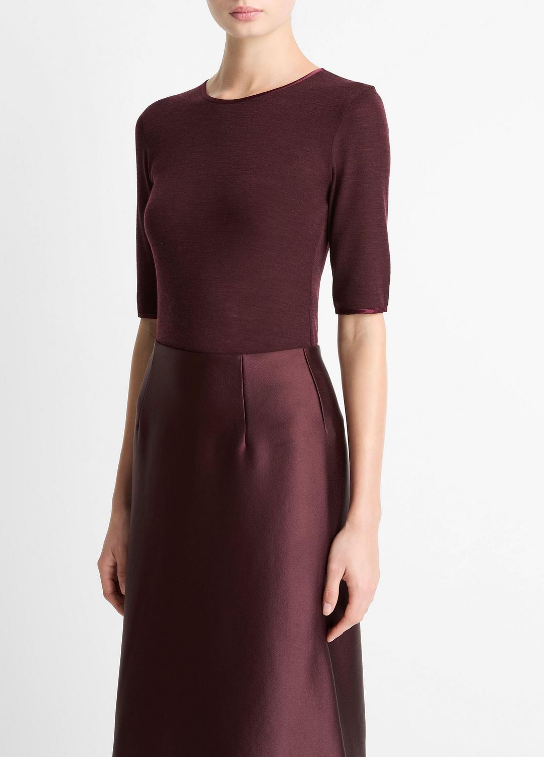 VINCE | Satin-Trim Wool Elbow-Sleeve T-Shirt in Short Sleeve - OXBLOOD