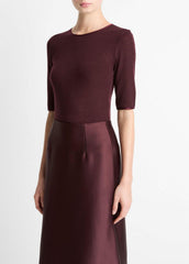 VINCE | Satin-Trim Wool Elbow-Sleeve T-Shirt in Short Sleeve - OXBLOOD