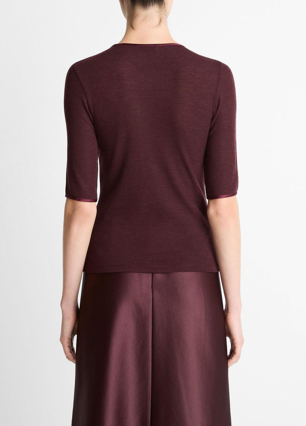 VINCE | Satin-Trim Wool Elbow-Sleeve T-Shirt in Short Sleeve - OXBLOOD
