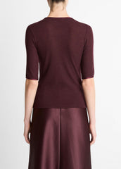 VINCE | Satin-Trim Wool Elbow-Sleeve T-Shirt in Short Sleeve - OXBLOOD