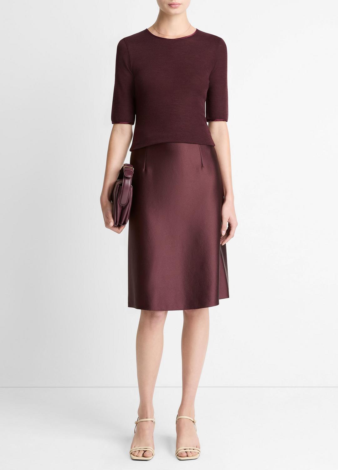VINCE | Satin-Trim Wool Elbow-Sleeve T-Shirt in Short Sleeve - OXBLOOD