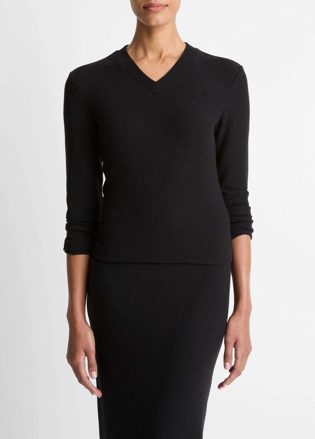 VINCE | Cozy Rib High V-Neck Top in Long Sleeve - BLACK