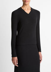 VINCE | Cozy Rib High V-Neck Top in Long Sleeve - BLACK