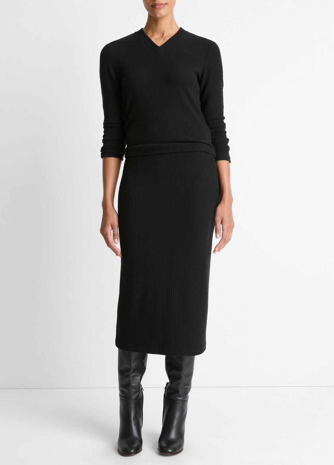 VINCE | Cozy Rib High V-Neck Top in Long Sleeve - BLACK