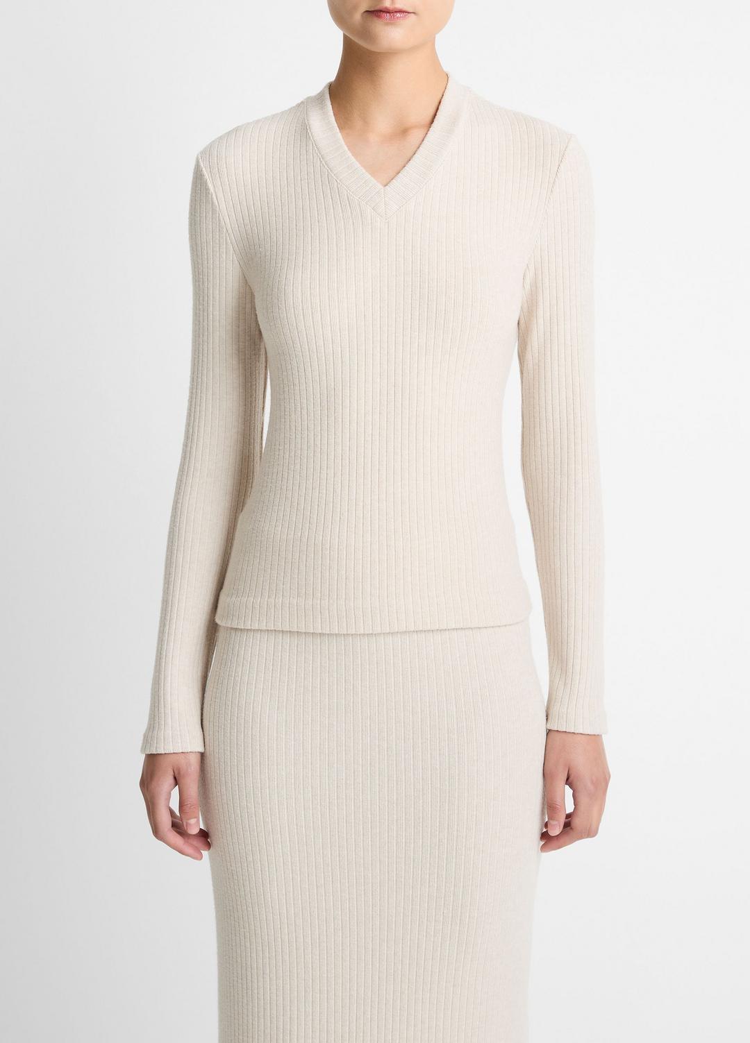 VINCE | Cozy Rib High V-Neck Top in Long Sleeve - HEATHER CREAM OAT