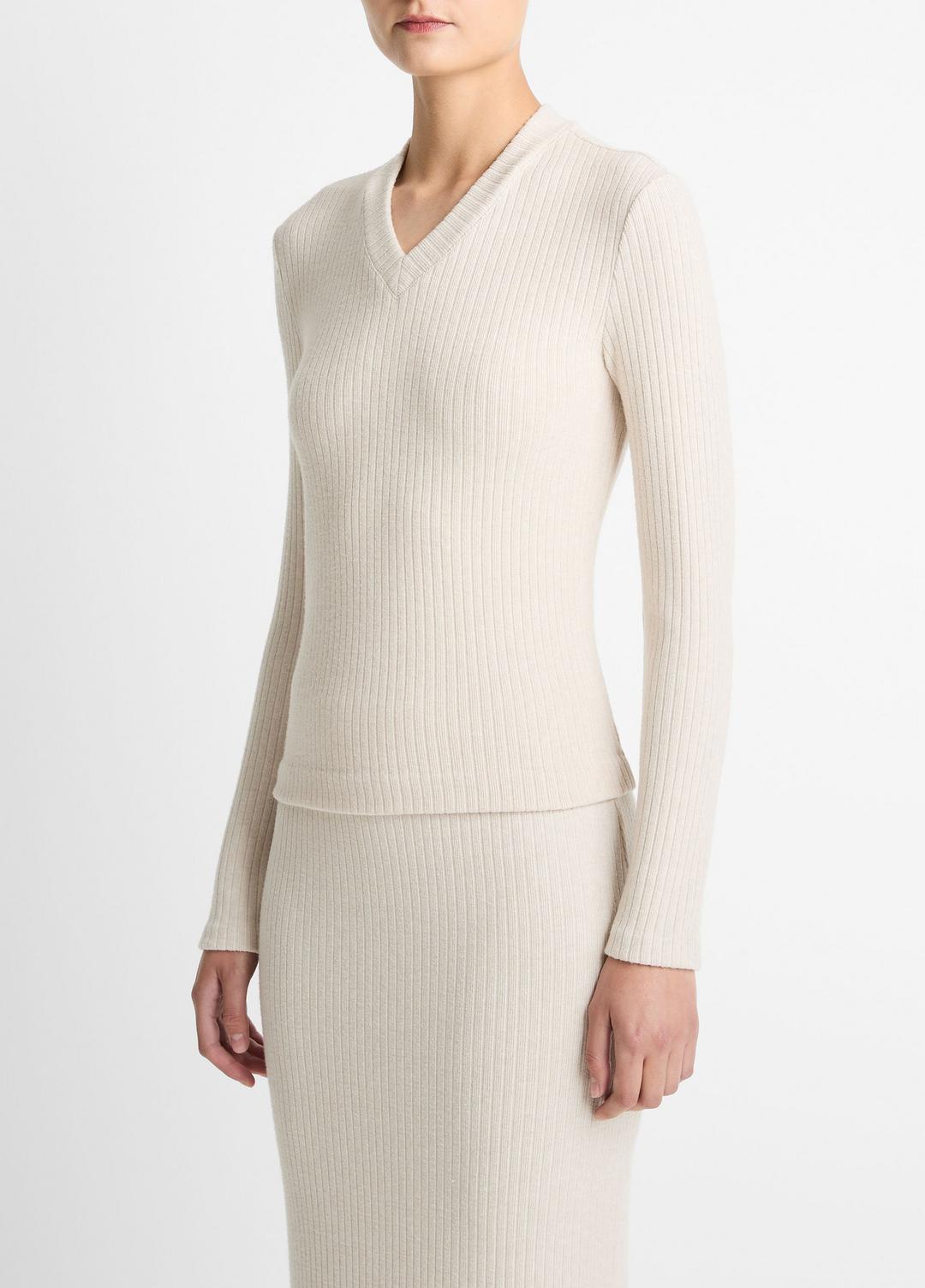 VINCE | Cozy Rib High V-Neck Top in Long Sleeve - HEATHER CREAM OAT