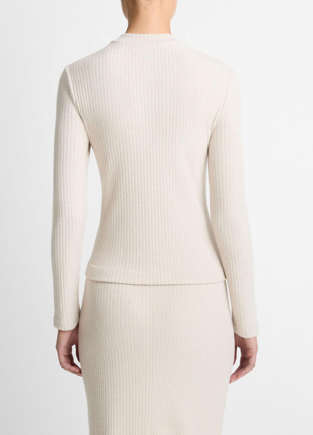 VINCE | Cozy Rib High V-Neck Top in Long Sleeve - HEATHER CREAM OAT