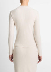 VINCE | Cozy Rib High V-Neck Top in Long Sleeve - HEATHER CREAM OAT