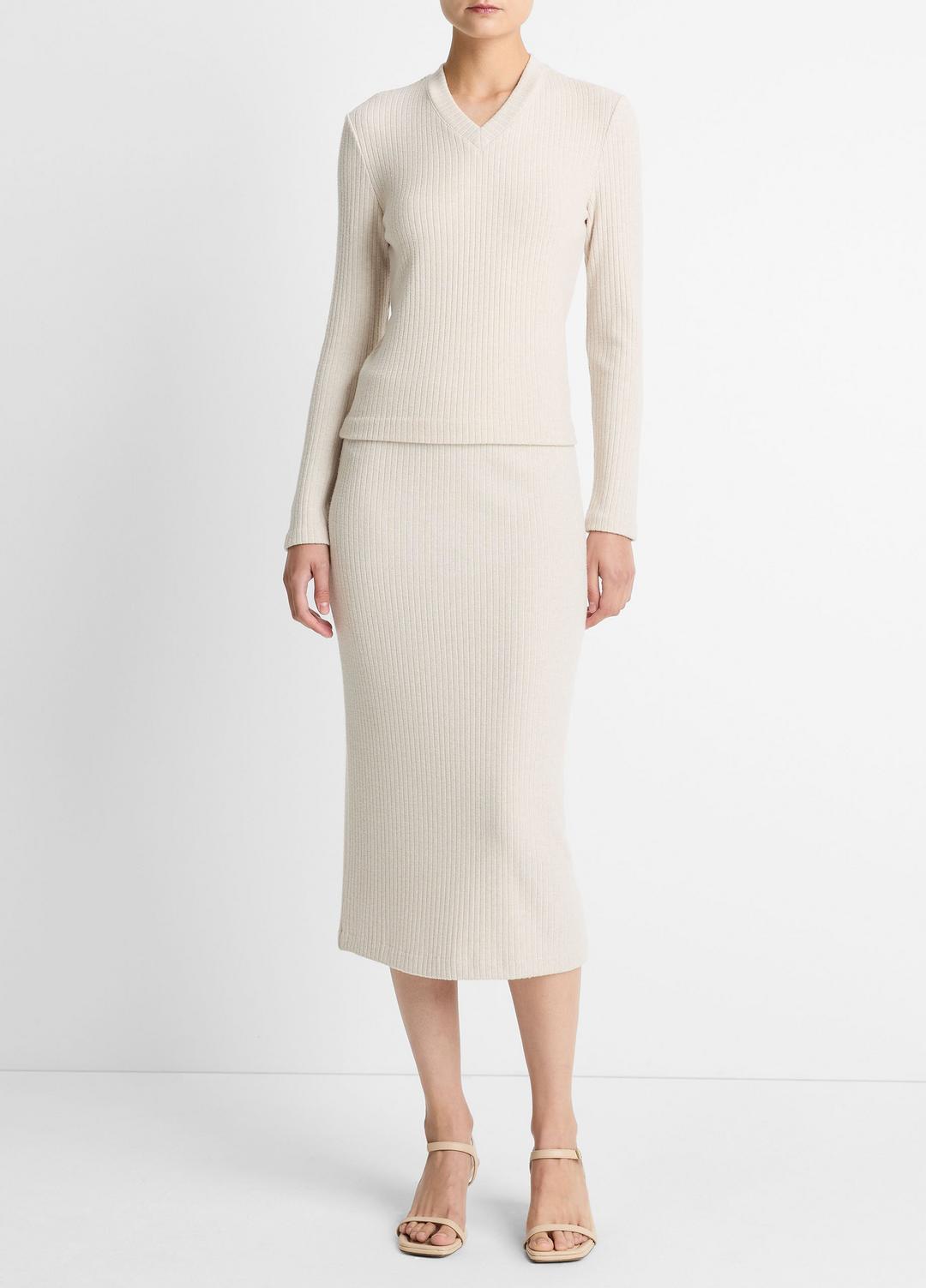 VINCE | Cozy Rib High V-Neck Top in Long Sleeve - HEATHER CREAM OAT