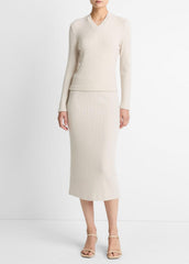 VINCE | Cozy Rib High V-Neck Top in Long Sleeve - HEATHER CREAM OAT