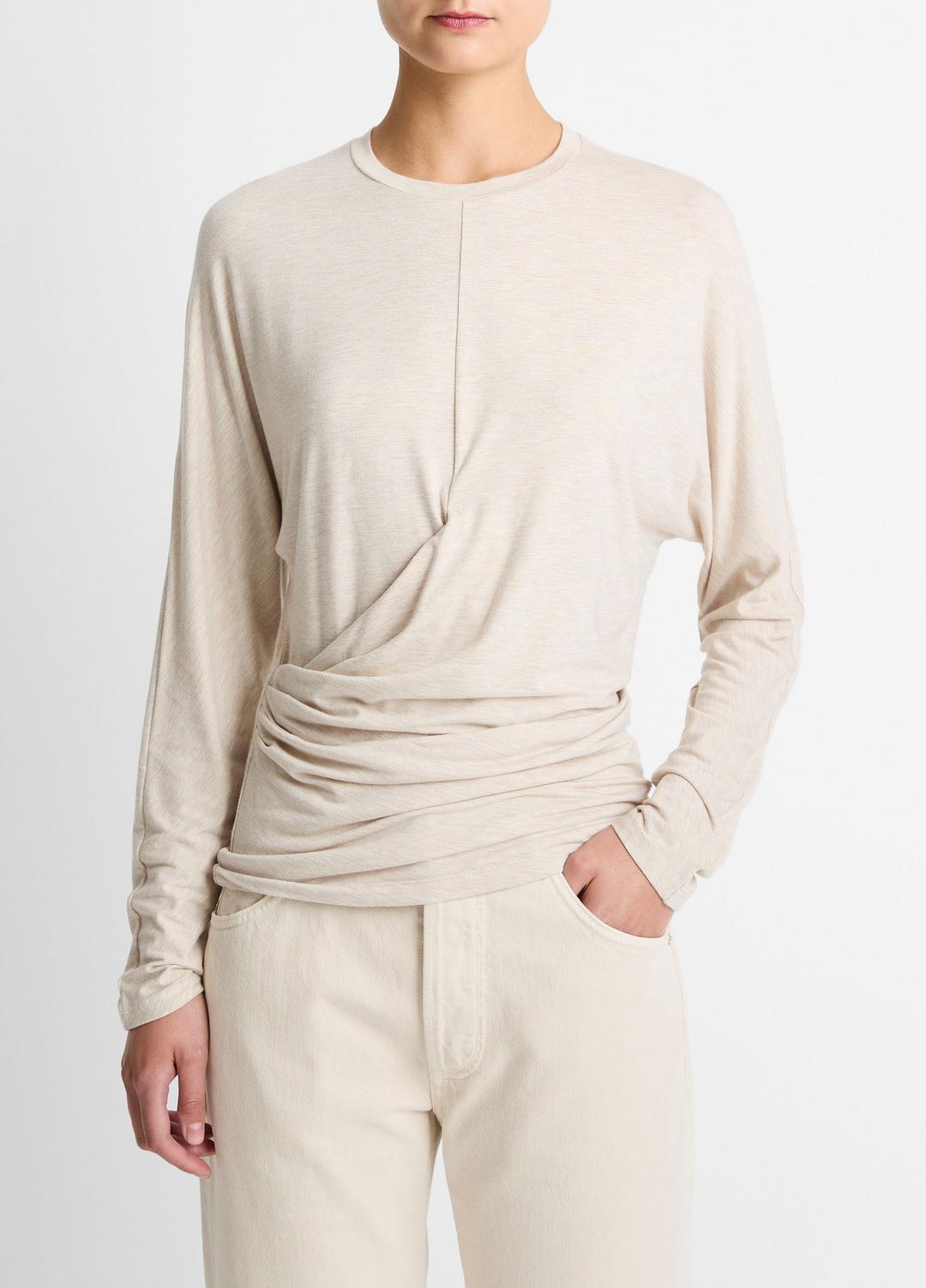 VINCE | Fixed-Drape Long-Sleeve T-Shirt in Long Sleeve - HEATHER CREAM OAT