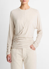 VINCE | Fixed-Drape Long-Sleeve T-Shirt in Long Sleeve - HEATHER CREAM OAT