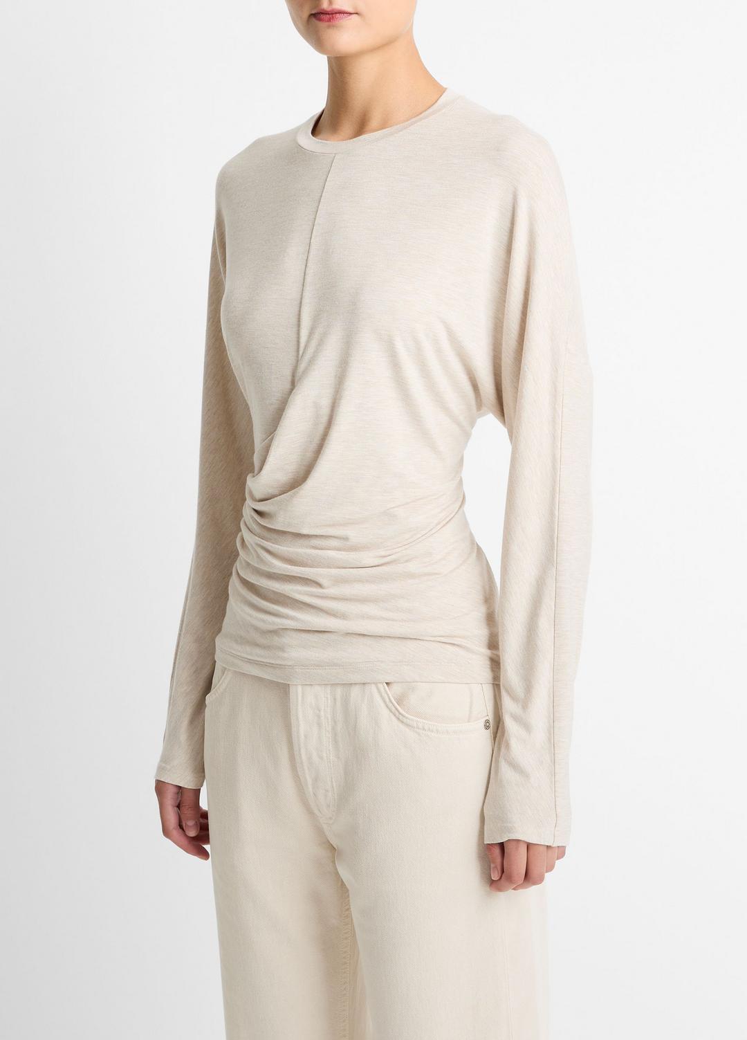 VINCE | Fixed-Drape Long-Sleeve T-Shirt in Long Sleeve - HEATHER CREAM OAT