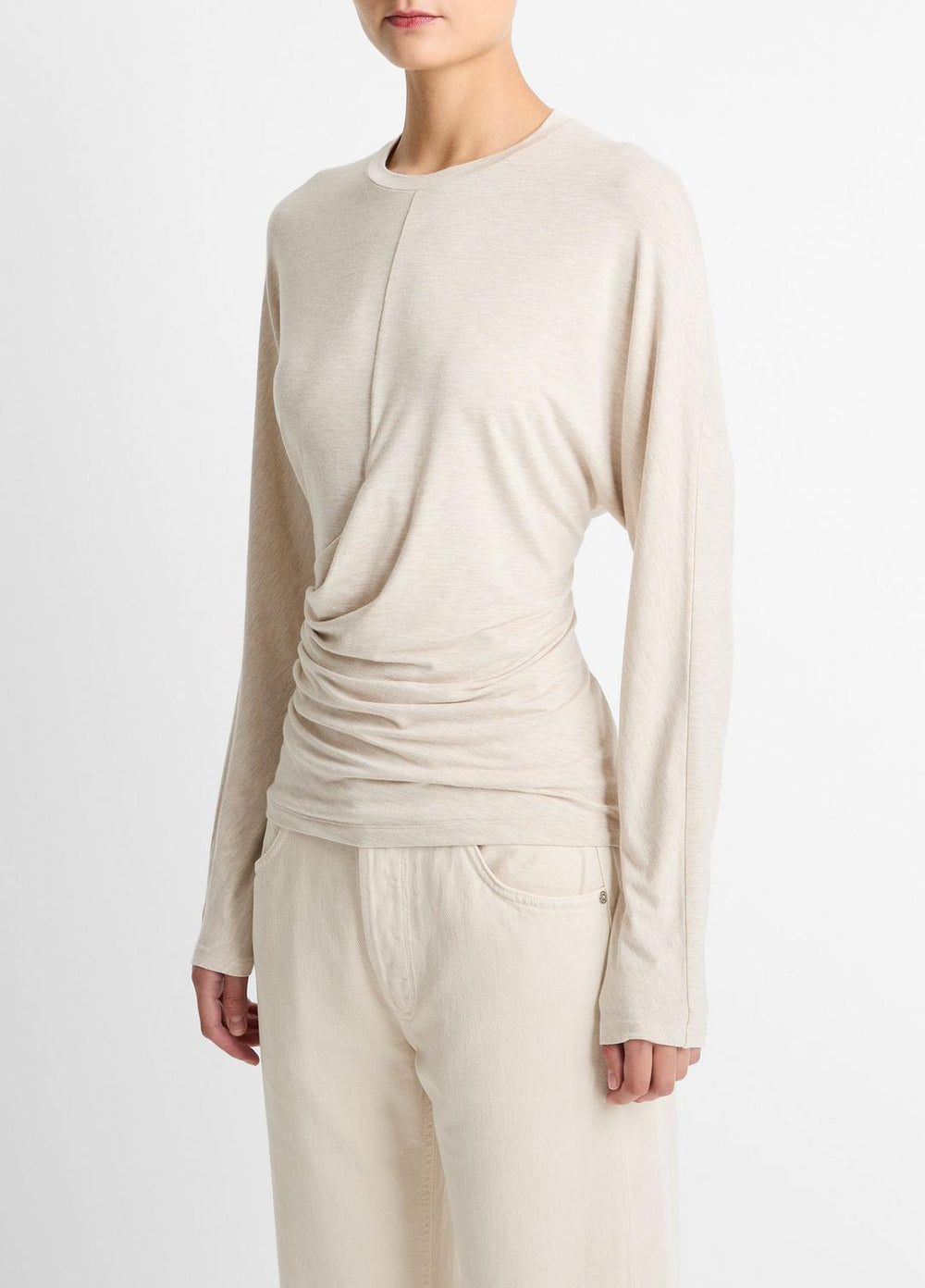 VINCE | Fixed-Drape Long-Sleeve T-Shirt in Long Sleeve - HEATHER CREAM OAT