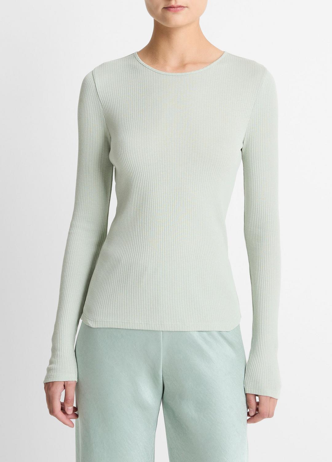VINCE | Ribbed Pima Cotton Long-Sleeve T-Shirt in Long Sleeve - LIGHT ALOE STONE
