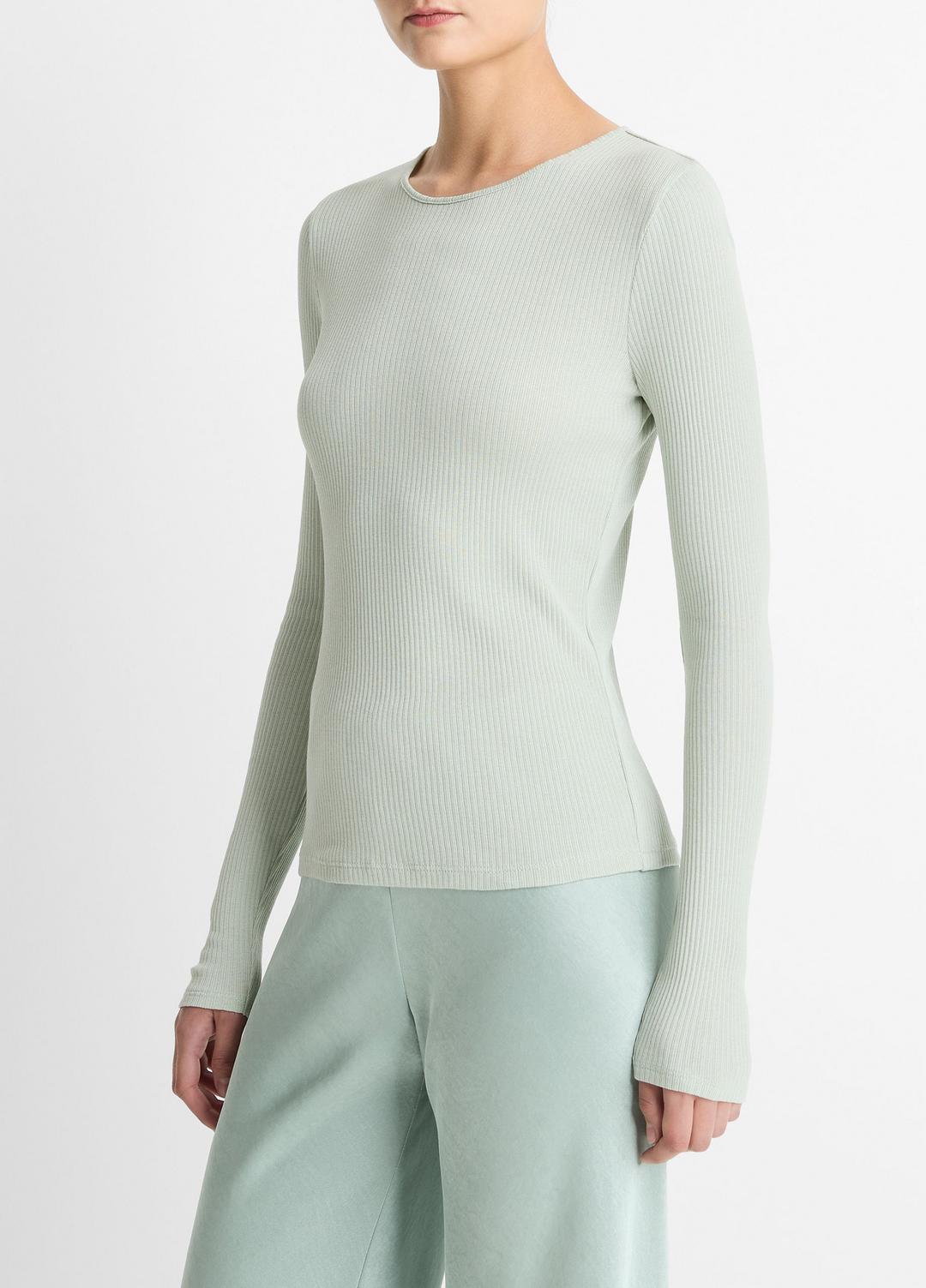 VINCE | Ribbed Pima Cotton Long-Sleeve T-Shirt in Long Sleeve - LIGHT ALOE STONE
