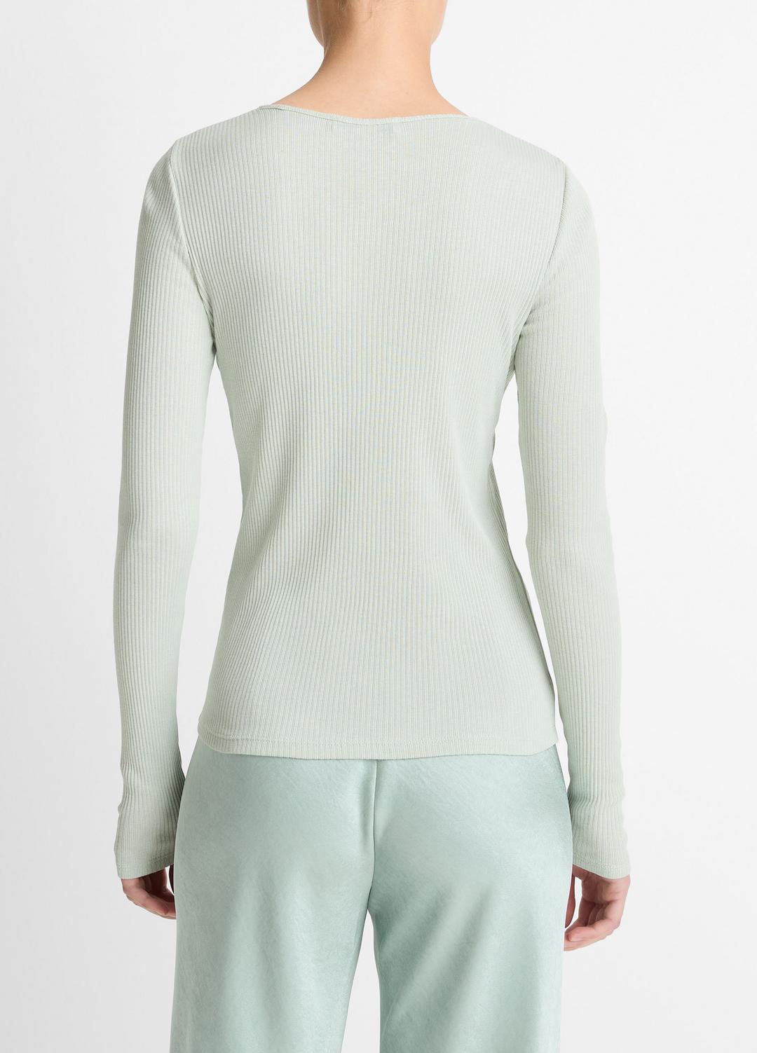 VINCE | Ribbed Pima Cotton Long-Sleeve T-Shirt in Long Sleeve - LIGHT ALOE STONE